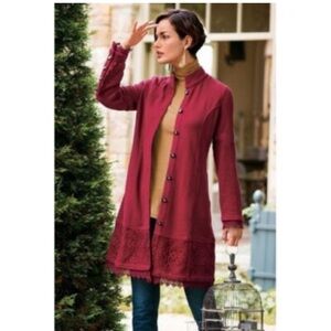 Soft Surroundings Chelsea Red Long Jacket Button Down Women's Medium Lace 1X